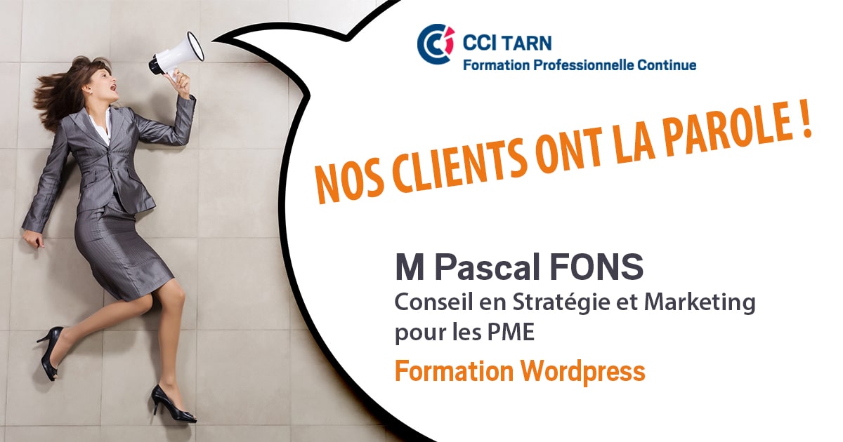Formation Professionnelle Continue de la CCI Tarn - Pascal FONS, Conseil en Stratégie et Marketing pour les PME qui à suivi une formation en création et gestion d’un site internet avec WordPress